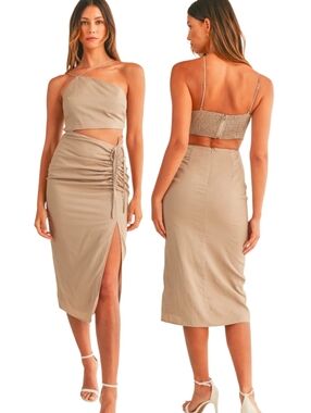 MABLE Annie Khaki Cut Out Ruched Midi Dress - Size S